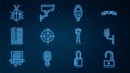 Set line Open padlock, Security camera, Lock and key, Target sport, Server, Data, Web Hosting, System bug concept, Watch Royalty Free Stock Photo
