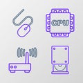 Set line Optical disc drive, Router and wi-fi signal, Processor with CPU and Computer mouse icon. Vector