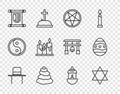 Set line Orthodox jewish hat with sidelocks, Star of David, Pentagram in circle, Stack hot stones, Decree, paper