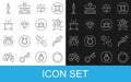 Set line Ouroboros, Dagger, Magic ball, Sun, Diamond, Witch cauldron, Burning candle and Air element icon. Vector