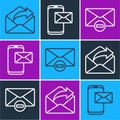 Set line Outgoing mail, Delete envelope and Mobile and envelope icon. Vector