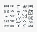 Set of line outline icons with bows and gifts