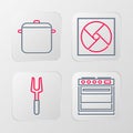 Set line Oven, Barbecue fork, Ventilation and Cooking pot icon. Vector