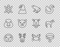 Set line Owl bird, Collar with name tag, Frog, Deer head antlers, Turtle, Cat, Crab and Horse icon. Vector Royalty Free Stock Photo