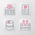 Set line Pack of beer bottles, Metal keg, Beer menu and Store building shop icon. Vector