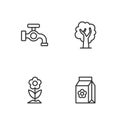 Set line Pack full of seeds, Flower, Water tap and Tree icon. Vector