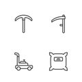 Set line Pack full of seeds, Lawn mower, Pickaxe and Scythe icon. Vector