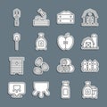 Set line Pack full of seeds of plant, Garden fence wooden, Farm house, Bag flour, Shovel, and Apple icon. Vector