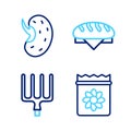 Set line Pack full of seeds of plant, Garden pitchfork, Bread loaf and Seed icon. Vector