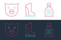 Set line Pack full of seeds of plant, Pig and Waterproof rubber boot icon. Vector