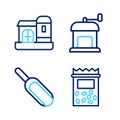 Set line Pack full of seeds of plant, Scoop flour, Manual coffee grinder and Farm house icon. Vector