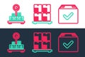 Set line Package box with check mark, Scale cardboard and Cardboard boxes on pallet icon. Vector Royalty Free Stock Photo