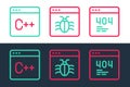 Set line Page with a 404 error, Software and System bug icon. Vector Royalty Free Stock Photo