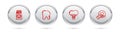 Set line Painkiller tablet, Broken tooth, Dental implant and Tooth. Silver circle button. Vector Royalty Free Stock Photo