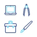 Set line Paint brush, Briefcase, Drawing compass and Laptop icon. Vector Royalty Free Stock Photo