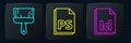 Set line Paint brush, ID File document and PS File document. Black square button