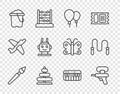 Set line Paint brush, Water gun, Balloons, Pyramid toy, Sand bucket, Robot, Music synthesizer and Jump rope icon. Vector