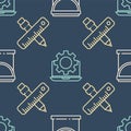 Set line Paint bucket, Crossed ruler and pencil and Laptop and gear on seamless pattern. Vector