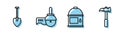 Set line Paint bucket, Shovel, Angle grinder and Claw hammer icon. Vector