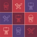 Set line Paint bucket, Wood easel and brush icon. Vector Royalty Free Stock Photo