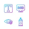 Set line Paint spray can, Red eye effect, Text and Speech bubble with RGB and CMYK. Gradient color icons. Vector