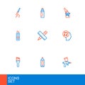 Set line Paint spray gun, Marker pen, brush, Stationery knife, Crossed ruler and pencil, bucket with and icon. Vector Royalty Free Stock Photo