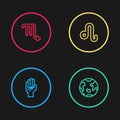 Set line Palmistry of the hand, Planet Earth, Leo zodiac and Scorpio icon. Vector Royalty Free Stock Photo