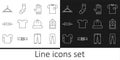 Set line Pants, Backpack, Leather glove, T-shirt, Bow tie, Hanger wardrobe, Winter hat and Socks icon. Vector