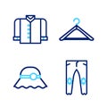 Set line Pants, Elegant women hat, Hanger wardrobe and T-shirt icon. Vector
