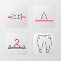 Set line Pants, Hanger wardrobe, Gardener worker hat and Bow tie icon. Vector