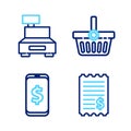 Set line Paper check and financial check, Smartphone with dollar, Shopping basket and Cash register machine icon. Vector