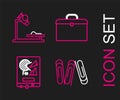 Set line Paper clip, Board with graph chart, Briefcase and Microscope icon. Vector Royalty Free Stock Photo