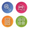 Set line Paper clip, Calculator, Triangle math and Square root. Color circle button. Vector