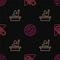 Set line Paper clip, Male kid raising hand and Basketball ball on seamless pattern. Vector