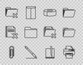 Set line Paper clip, Printer, Scotch, Pen line, Delete folder, Document, File document and icon. Vector Royalty Free Stock Photo