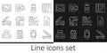 Set line Paper cutter, File document, Printer ink bottle, Copy machine, Scanner, Picture landscape, and Coffee cup icon