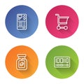 Set line Paper or financial check, Shopping cart, Coffee jar bottle and Barcode. Color circle button. Vector