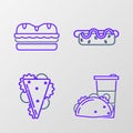 Set line Paper glass and taco with tortilla, Sandwich, Hotdog sandwich mustard and icon. Vector