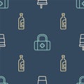 Set line Paper glass with water, Bottle of wine and First aid kit on seamless pattern. Vector