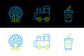 Set line Paper glass with water, Ferris wheel and Toy train icon. Vector