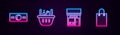 Set line Paper money cash, Shopping basket and food, building or market store and shopping bag. Glowing neon icon