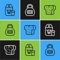 Set line Paper package for milk, Bread toast and Kettlebell icon. Vector Royalty Free Stock Photo