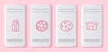 Set line Paper package for milk, Donut, Cookie biscuit and Bread toast. White rectangle button. Vector