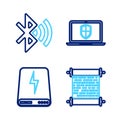 Set line Paper scroll, Power bank, Server with shield and Bullet icon. Vector