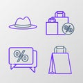 Set line Paper shopping bag, Discount percent tag, Shoping with discount and Man hat ribbon icon. Vector Royalty Free Stock Photo