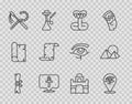 Set line Papyrus scroll, Eye of Horus, Snake, Cross ankh, Crook and flail, Egyptian house and pyramids icon. Vector