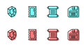 Set line Papyrus scroll, Gem stone, Big full length mirror and Floppy disk icon. Vector