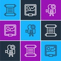 Set line Papyrus scroll, Retro cinema camera and Picture icon. Vector