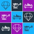 Set line Parachute, Airport luggage towing truck and Helicopter icon. Vector