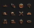 Set line Parachute, Boots, Jet ski, Aqualung, Ski goggles, Bicycle on street ramp, and Crossed paddle icon. Vector